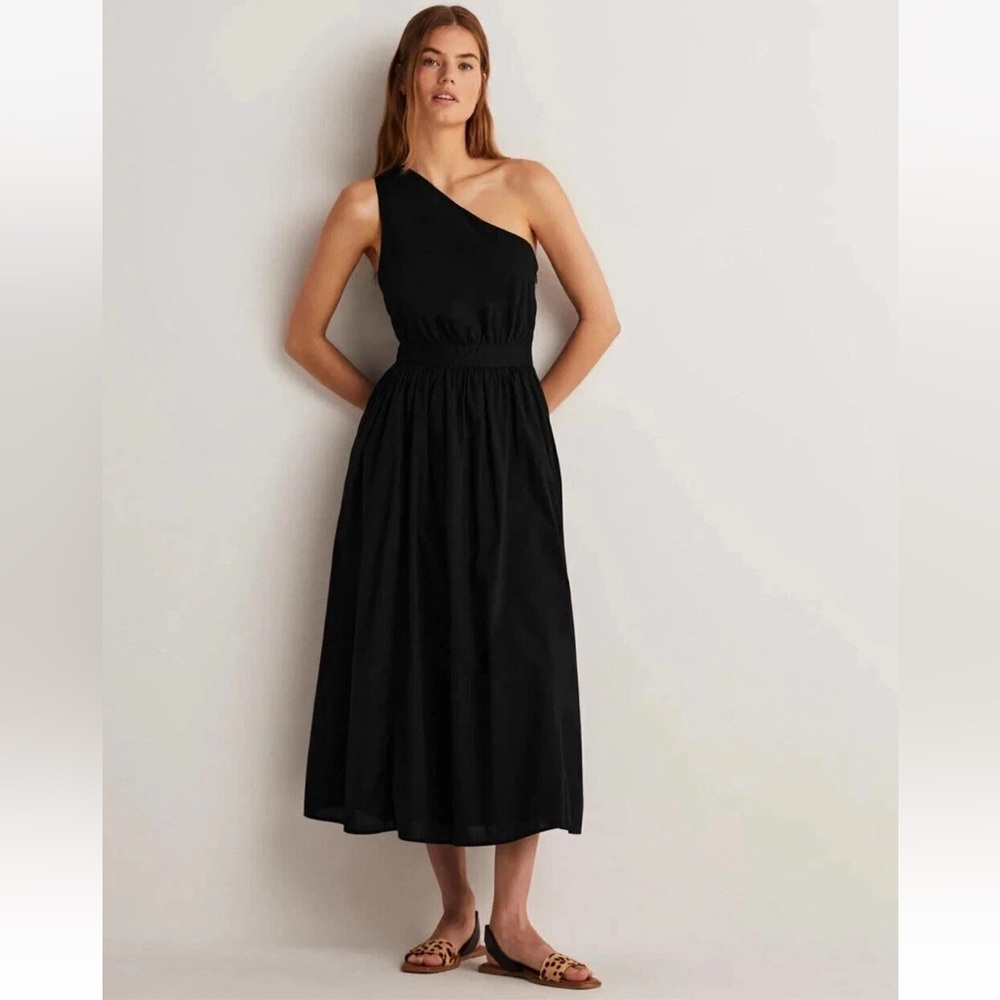 BODEN One Shoulder Midi Dress BLACK SIZE US 6 UK 10 NWT 100% Cotton Side Zip